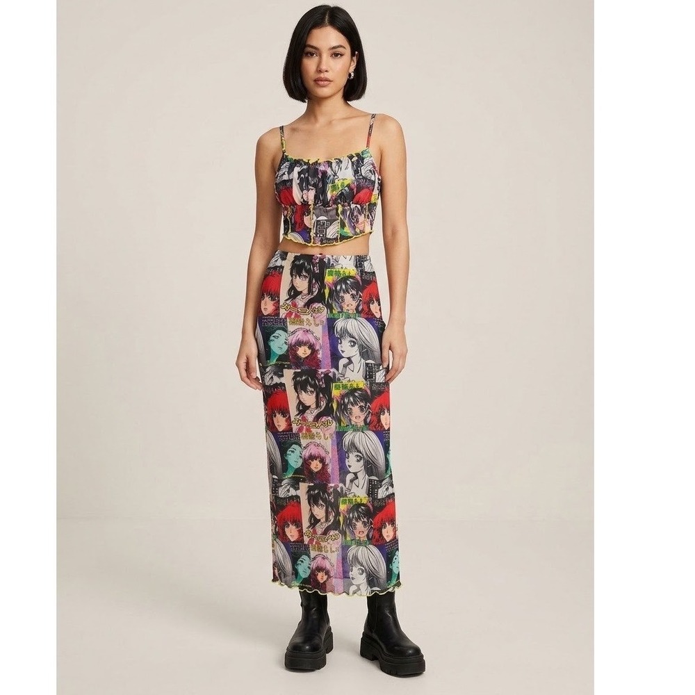 SHEIN Teen Girls Anime Manga Print 2 Piece Set Crop Top Midi Skirt Size 14Y